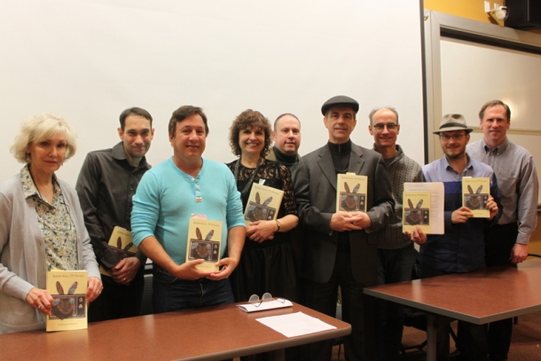 Nine poets read their poems and others from the anthology titled, "Rabbit Ears: TV Poems," on April 7, 2016. From the left to right, the poets are Diane Lockward, Josh Humphrey, David Messineo, Susanna Rich, John J. Trause, Joel Allegretti, George Witte, Charlie Bondhus and David Vincenti. 